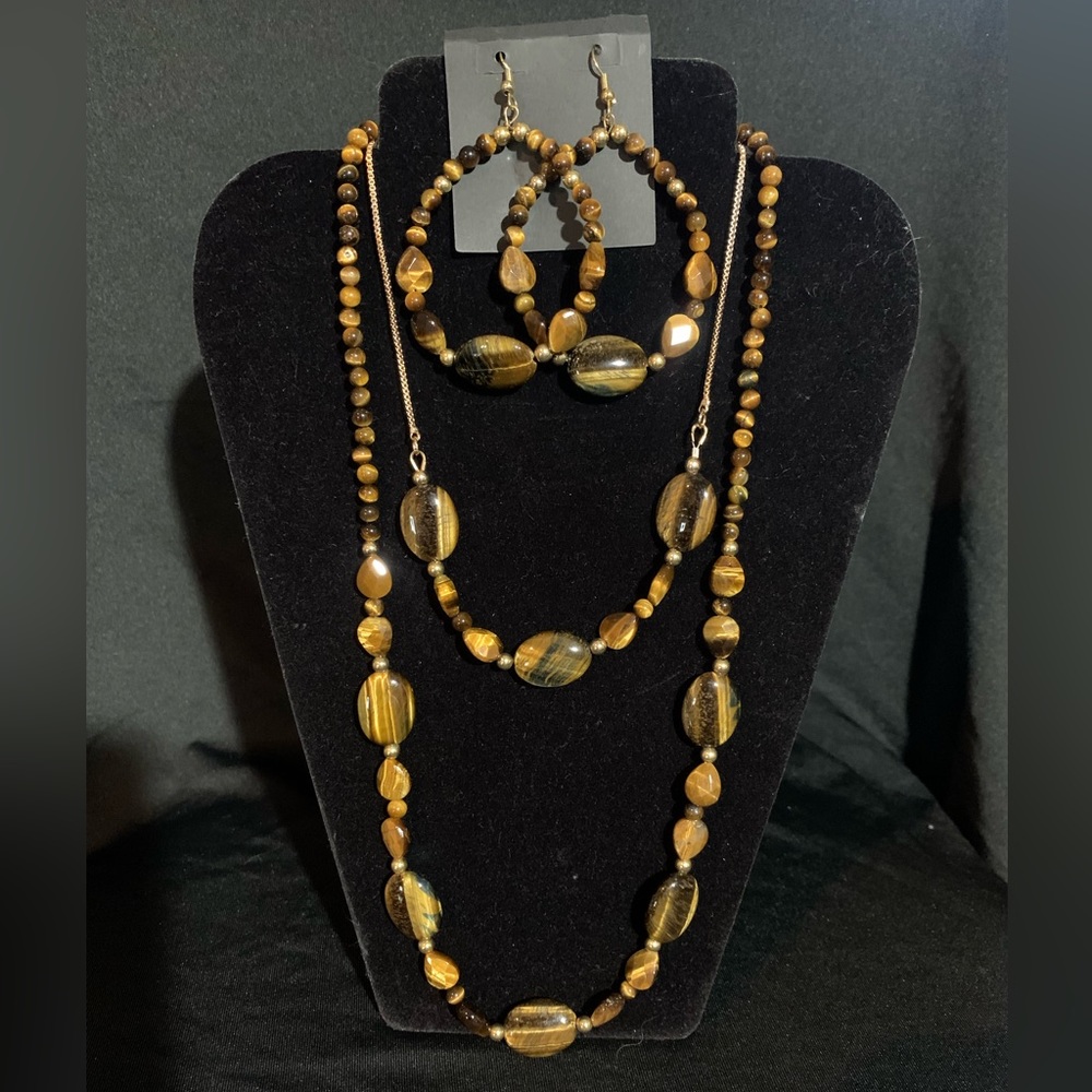 Hand crafted, genuine, Tiger’s Eye set.  Necklace, Bracelet & Hoop Earrings.